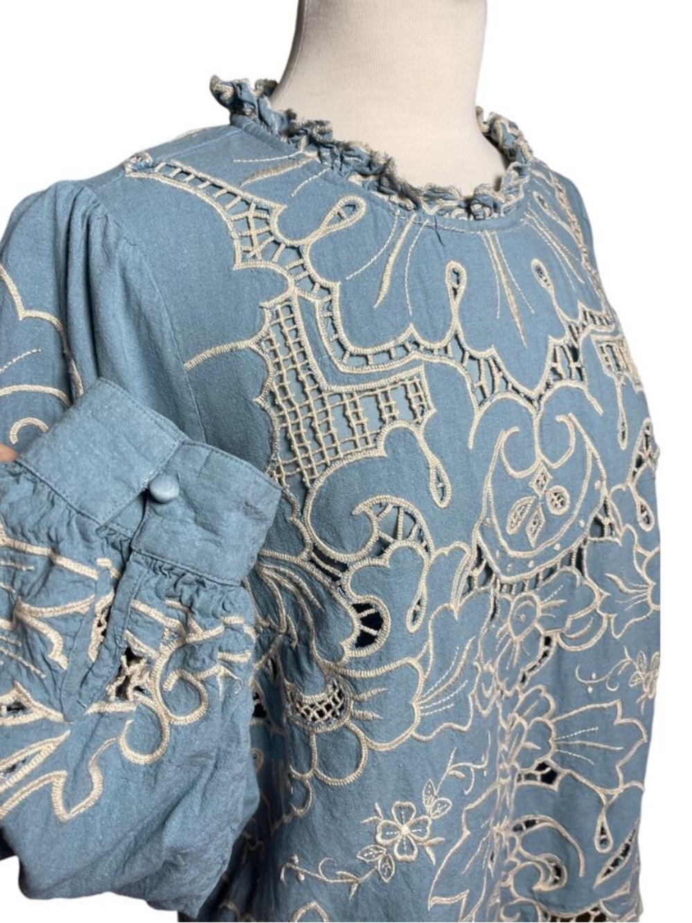 ANTHROPOLOGIE Women's Boho Lainie Linen Blend Blue Eyelet Cutout Top Large - Picture 5 of 9